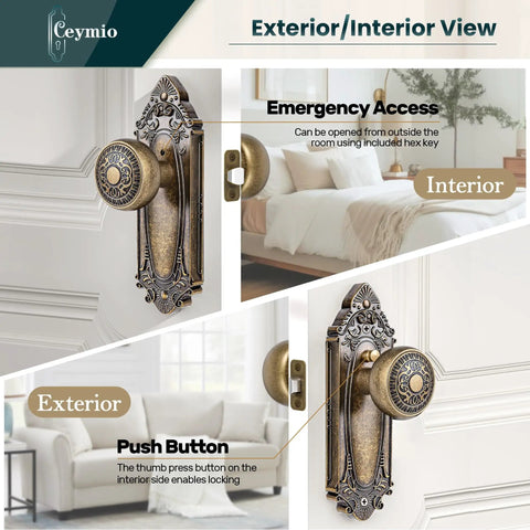 Antique Brass Privacy Door Knob With Lock No Keys Needed Keyless Interior Door Handle For Plate Bedroom Bathroom Hallway