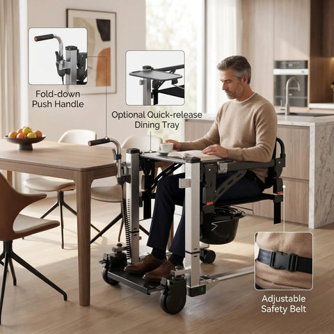 Super Solid Electric Patient Lift With Heavy Duty Stainless Steel Frame Smooth Power Transfer For Seniors Features Foldable Seat And Backrest Hella Stable Setup in a kitchen setting with adjustable dining tray.