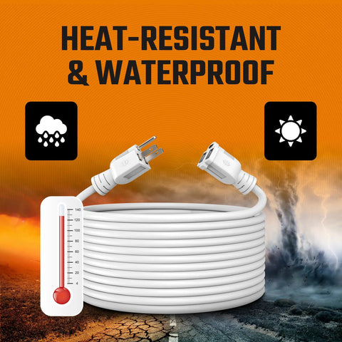 Weatherproof Outdoor Extension Cord 10 Ft White Beefy Heavy Duty 16/3 Gauge Grounded 3 Prong Single Outlet