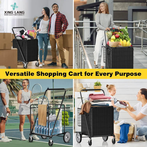 Beastly Folding Shopping Cart With 5.7 Cu Ft Space, 600 Lb Capacity, shown with groceries, laundry, sports equipment in different settings.