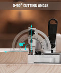 Smooth Operator 8.5 Amp Biscuit Joiner With Knockout 12000 RPM Power Head showing adjustable 0-90° cutting angle on wood.