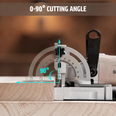 Smooth Operator 8.5 Amp Biscuit Joiner With Knockout 12000 RPM Power Head showing adjustable 0-90° cutting angle on wood.