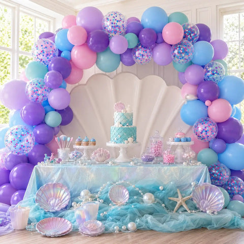 Sea Theme Confetti Balloons Party Kit 50Pcs 12 Inch Iridescent Pink Purple Blue Teal For Princess Birthday Bash Decor Ocean Theme