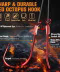 Sharp durable red octopus hooks from Crawler Harness Walleye Rigs With Dual Wing Blade Inline Float Glow Beads Fluorocarbon Worm Harness Size 2 Red Octopus Hooks Slow Troll 0.25 MPH 7 Pack, highlighting upturned eye and offset point for improved hook-up rates.