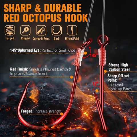 Sharp durable red octopus hooks from Crawler Harness Walleye Rigs With Dual Wing Blade Inline Float Glow Beads Fluorocarbon Worm Harness Size 2 Red Octopus Hooks Slow Troll 0.25 MPH 7 Pack, highlighting upturned eye and offset point for improved hook-up rates.