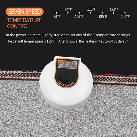 Under Desk Electric Heated Floor Mats Toe Warmer 110V for Office and Home with temperature control display and foot switch.