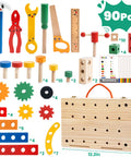 90 Piece Wooden Toddler Tool Set With Box For Kids Ages 3 To 5, FSC Certified Wood, Tons Of Accessories And Flash Cards To Spark Imagination