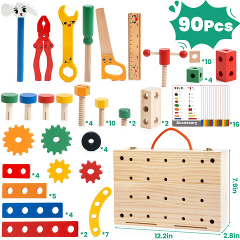 90 Piece Wooden Toddler Tool Set With Box For Kids Ages 3 To 5, FSC Certified Wood, Tons Of Accessories And Flash Cards To Spark Imagination