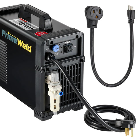 60 Amp Non Touch Pilot Arc Plasma Cutter With PT60 Torch Dual Voltage 110V 220V Shop Ready Beast Heavy Duty Metal Cutter Plus 3 Year Warranty And USA Support Great For Auto Body Shops And Fabrication Projects showing power cables and control panel