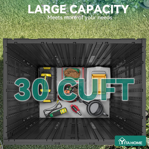 Top view of DIY Ready Outdoor Tall Storage Cabinet With Four Shelves Waterproof Resin Shed, showing interior space, 30 cu ft capacity.