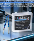 HQMaster down-cut spiral mill bits, 1/8 inch shank, blue-coated edges, two bits beside a plastic storage case, front view