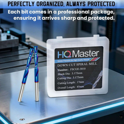 HQMaster down-cut spiral mill bits, 1/8 inch shank, blue-coated edges, two bits beside a plastic storage case, front view