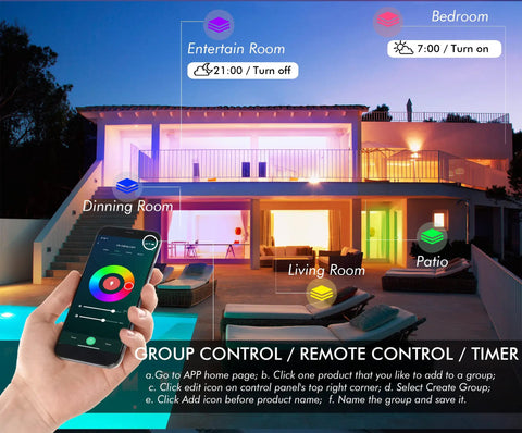 Smart WiFi 6 Inch RGB LED Recessed Lights controlling colors in house via phone app, multiple room settings visible