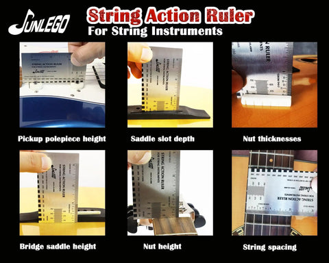 Precision Guitar Action Gauge Ruler For Dope Accurate String Height Measurement on guitars showing various measurement applications.