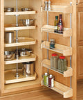 Top Shelf Wood Five Shelf D Shaped Lazy Susan With Slick Chrome Spin Hub And Heavy Duty Telescoping Post For Nailed Down Cabinet Pantry Setup All Day Long, showcasing five D shaped shelves with contents.