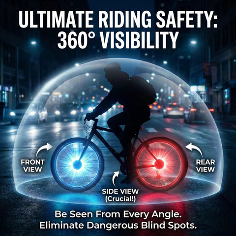 Rechargeable Bike Wheel Lights With Nine Colors And Twenty-One Modes, showcasing 360-degree night visibility on city street.