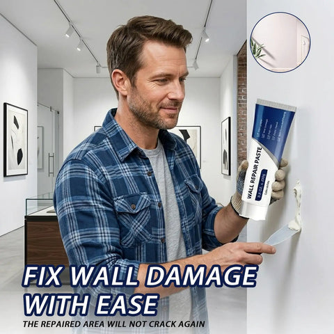 Man using All-In-One Drywall Repair Kit With Scraper And Fast-Dry Paste, Spackle Wall Patch Putty Tube, nozzle extender and sandpaper.