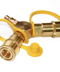 Metallic RV Propane Quick Connect Y Splitter Adapter One Quarter Inch Double Outlet for Two Appliances Connects Tabletop Grill and Propane Hose LP Gas Two Way Quick Connect Kit for Motorhome and Trailer with yellow caps