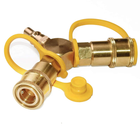 Metallic RV Propane Quick Connect Y Splitter Adapter One Quarter Inch Double Outlet for Two Appliances Connects Tabletop Grill and Propane Hose LP Gas Two Way Quick Connect Kit for Motorhome and Trailer with yellow caps