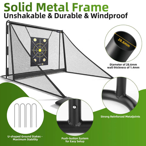 Heavy Duty Golf Hitting Net With Side Barriers For Real Balls Driving Practice Indoor Outdoor Ball Return And Collection System Target Carry Bag Stakes Durable Net with solid metal frame.