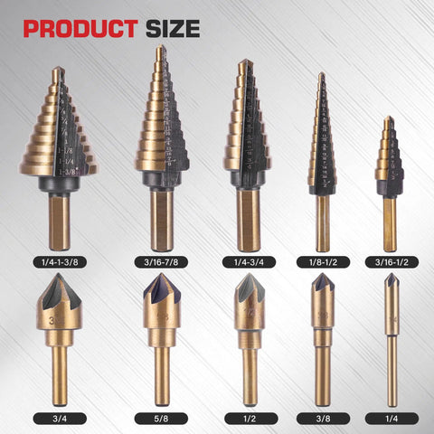 Heavy Duty Step Drill Bit Set With Countersink Bits Titanium Coated HSS 50 Hole Sizes Aluminum Case DIY Metalworking Kit