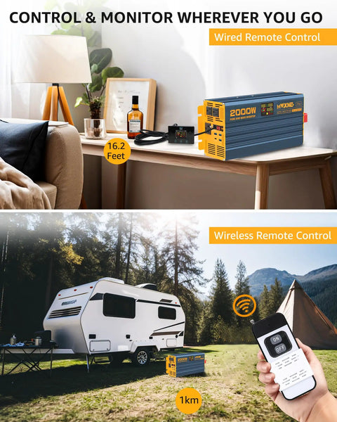 Super Heavy Duty 2000 Watt Pure Sine Wave Power Inverter DC 12 to 120 Volt AC shown with wired control in a cozy home setting.