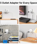 3 Pack White 90 Degree Wall Outlet Extender That Turns One Socket Into Three Extra Plugs Ideal For Cramped Spaces And Dorm Digs shown in various settings.