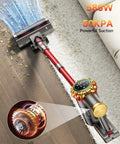 Cordless stick vacuum cleaner with red wand and digital display on the handle; hardwood floor and carpet edge.