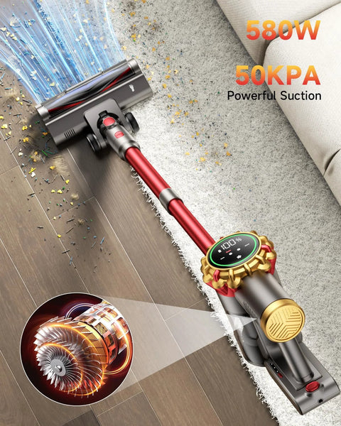 Cordless stick vacuum cleaner with red wand and digital display on the handle; hardwood floor and carpet edge.