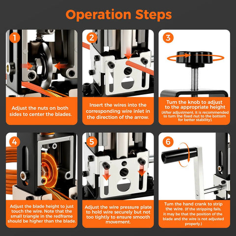 Operation steps for Professional Grade Hella Fast Drill Powered Wire Stripper For Scrap Copper, showing wire adjustment and settings.