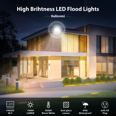 Modern house illuminated by 100 W Outdoor LED Flood Light 10000 Lm Warm White 4200K IP66 Waterproof For Garden Garage Yard Pack Of 2