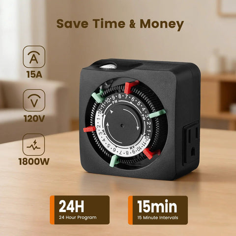 Slick Mechanical Timer With Two Grounded Outlets For Indoor Use And 24 Hour Daily Cycles showing dial and plugs on a wooden surface.