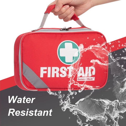 General Medi red first aid kit bag with white cross emblem and FIRST AID text, water-resistant.
