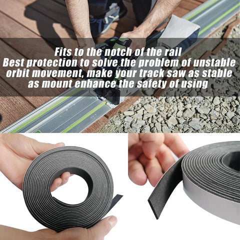Person applying slip resistant guide rail strip replacement for Festool rails, self adhesive anti skid bar 220 inches, black.