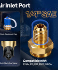Pro Grade 3.5 CFM Single Stage HVAC Vacuum Pump air inlet port with 1/4" SAE fitting, dust-resistant cap, anti-backflow valve.