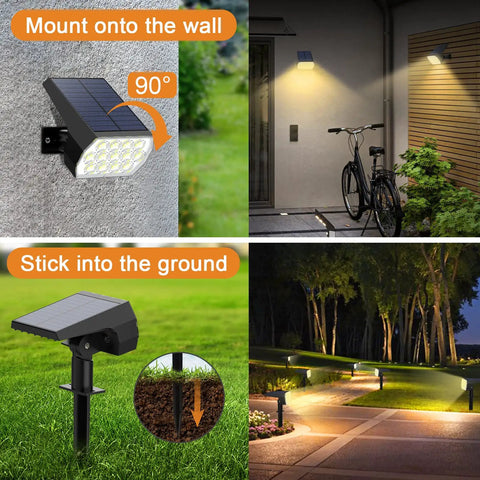 10 Pack Solar Spot Lights Outdoor 65 LED Warm White showing wall-mounted and ground-mounted installations at night