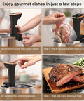 Pro Grade Sous Vide Cooker Immersion Circulator With Recipes, IPX7 Waterproof And Ultra Quiet 1100W, Fast Heating, Precise Temperature 0.1 Degree Celsius And 99.59 Hour Timer, Compact Stainless Steel Design For Effortless Chef Level Results, in pot with steak