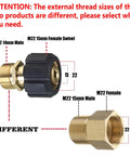 Diagram showing Pressure Washer Adapter M22 15mm Female To M22 14mm Male Fitting 4500 PSI Metric Quick Connect differences.