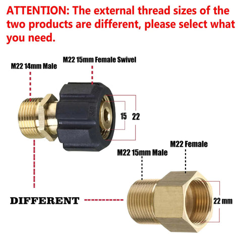 Diagram showing Pressure Washer Adapter M22 15mm Female To M22 14mm Male Fitting 4500 PSI Metric Quick Connect differences.