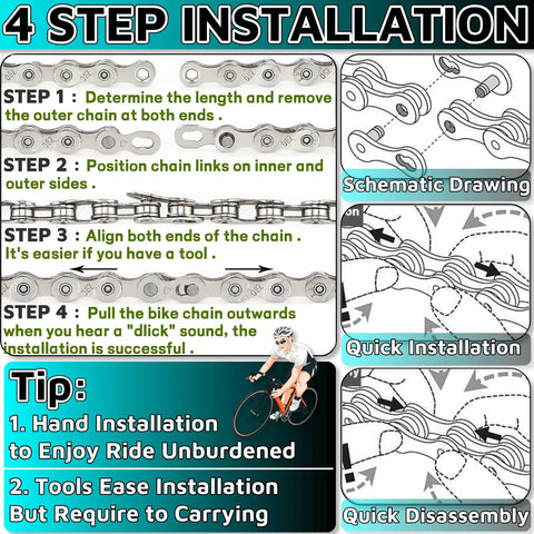 4-step guide to install Durable 6/7/8 Speed Bicycle Chain 1/2 Inch By 3/32 Inch, 116 Links, with schematic and installation tips.