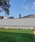 Backyard view with 4 Foot By 25 Foot Fence Privacy Screen Heavy Duty Windscreen Fencing Mesh Shade Net Cover for Outdoor Wall, Grey HDPE.