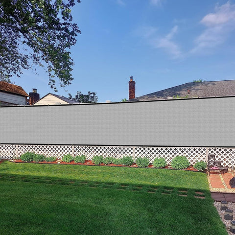 Backyard view with 4 Foot By 25 Foot Fence Privacy Screen Heavy Duty Windscreen Fencing Mesh Shade Net Cover for Outdoor Wall, Grey HDPE.