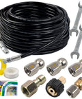 Pro Grade Heavy Duty Drain Sewer Jetter Kit For Pressure Washers With 50 Foot Hose And Four Thousand Psi, Includes One Quarter Inch NPT Adapters, Rotating Button Nose Nozzles 4.0 4.5 5.5, M22 To One Quarter Coupler, Spanner, Tape And Pearl Corsage Pin.
