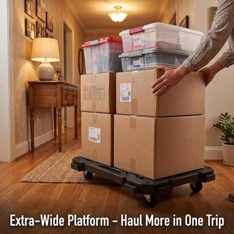 Beefy Heavy Duty Folding Platform Truck Hauls Up To 330 Lbs With A Flatbed Dolly Cart On Wheels Portable Moving Cart For Boxes Furniture And Equipment Foldable Flatbed For Easy Storage And Quick Load, extra-wide black plastic platform with boxes