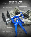 Heavy Duty Brake Caliper Piston Compressor Tool For Single Dual And Quad Pistons Disc Brake Caliper Retraction Tool For Most Cars And Trucks With Pro Grade Build in blue with aluminum components and black oxide finish, shown in use with detailed parts.