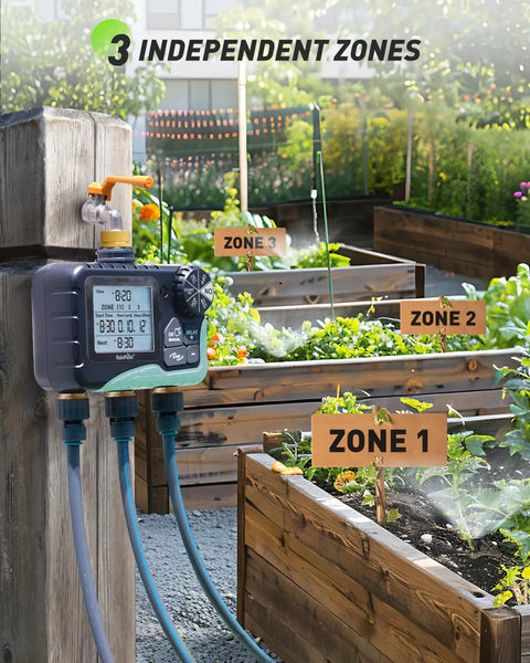 Three Zone Lawn Water Timer with Brass Inlet and Outlet, Independent Scheduling for Each Zone, IP65 Waterproof Sprinkler Timer
