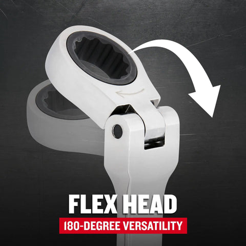 7-Piece SAE Flex Reversible 72-Tooth Ratchet Set With Chrome Finish, showcasing 180 degree flex head mechanism.