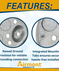 Real Deal 4 Inch Round Shallow Metal Electrical Junction Box UL Listed One Half Inch Deep showing raised ground and mounting tab features.