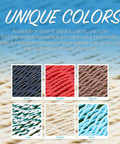 Color options for handwoven rope hammocks in black, cherry, mocha, lake, cream, and aqua with texture close-ups.