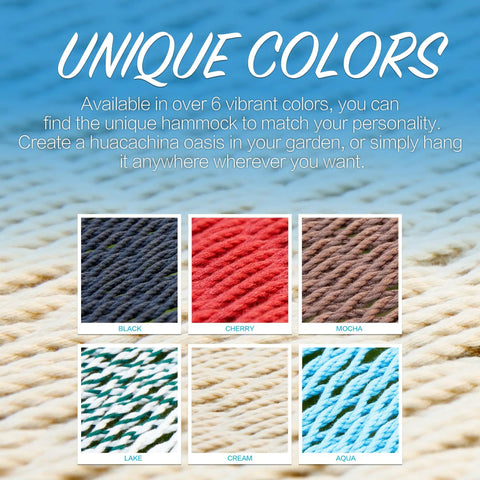 Color options for handwoven rope hammocks in black, cherry, mocha, lake, cream, and aqua with texture close-ups.